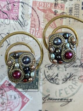 MICHAL GOLAN "Sunset Square" Pearl Jewel Tone Mosaic Clip Earrings